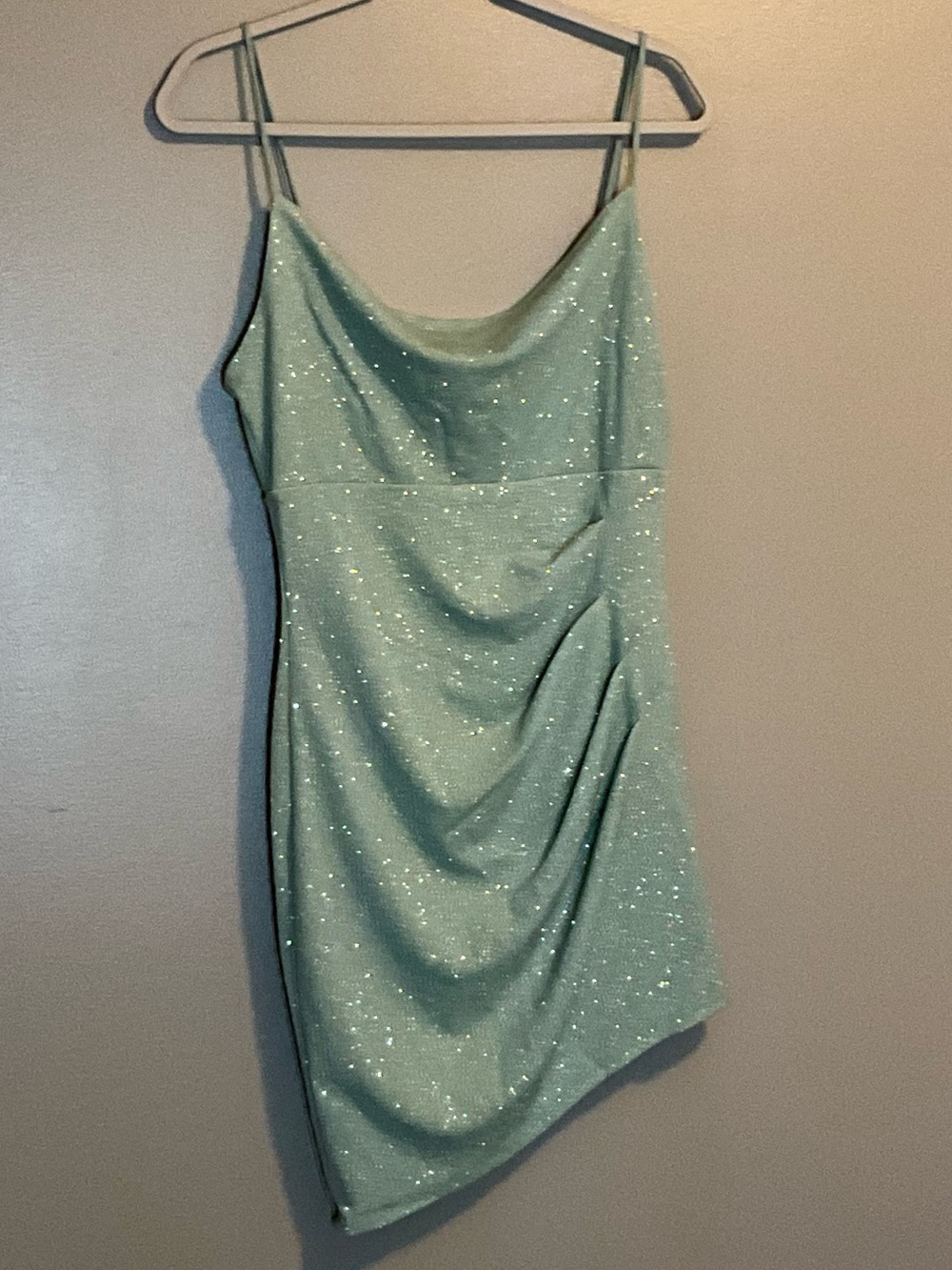 City Studio Sparkly Sage Green Cowl Neck Mini Dress